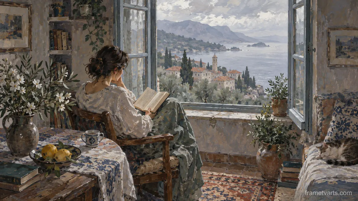 Reader beside an open window – expressive figurative painting Samsung Frame TV art, 4K