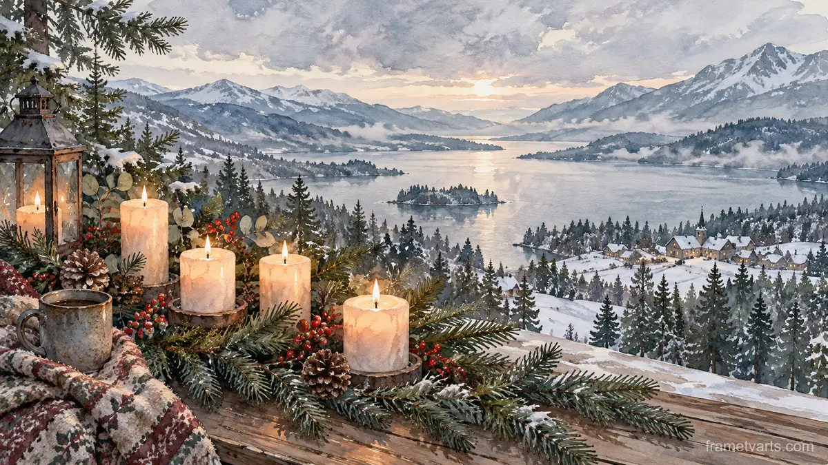 Winter solstice candles and evergreen boughs – elegant watercolor Samsung Frame TV art, 4K
