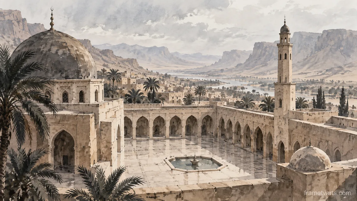 Desert prayer courtyard without people or lettering – minimal ink and wash Samsung Frame TV art, 4K