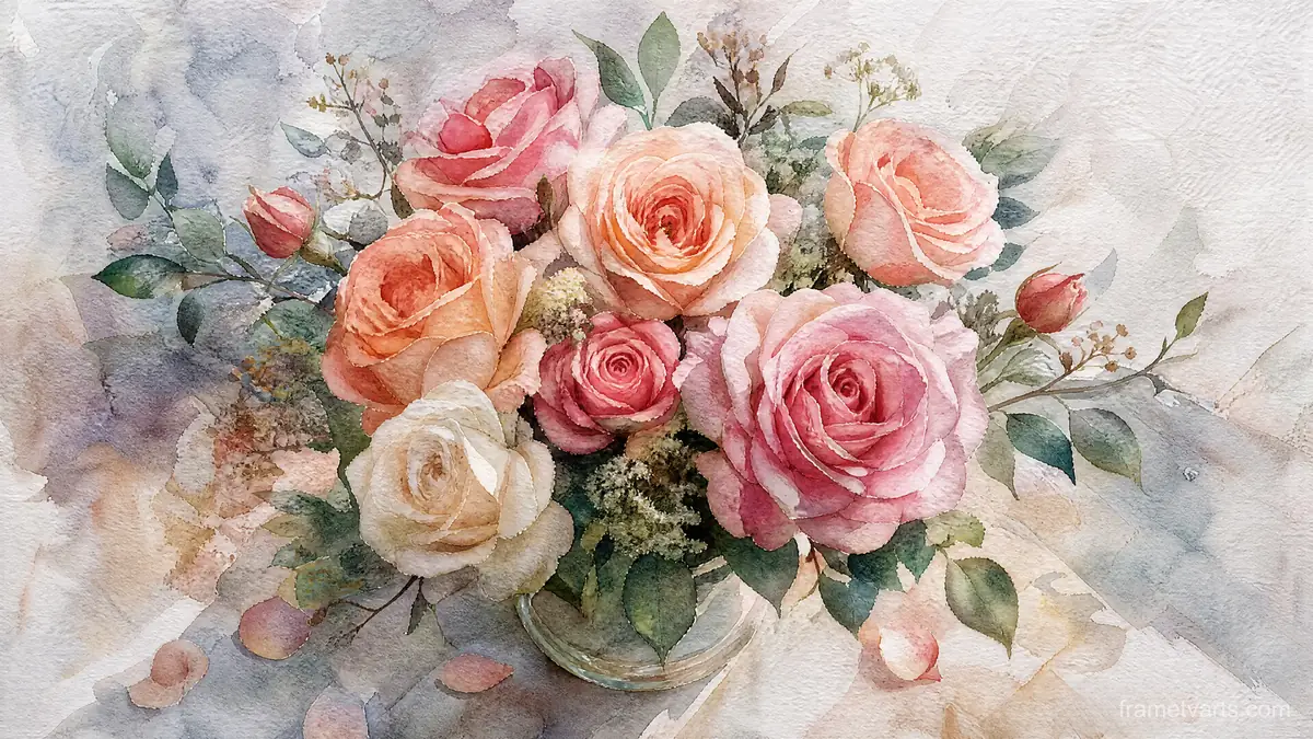 Birth-flower-inspired bouquet of roses – delicate watercolor keepsake composition Samsung Frame TV art, 4K