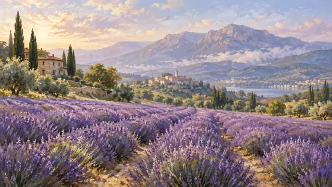 Lavender field beside distant mountains – tonal oil painting Frame TV art