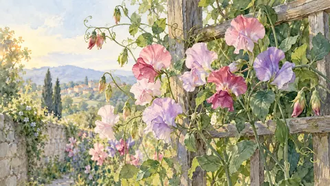 Delicate sweet peas climbing a trellis – botanical watercolor Frame TV art