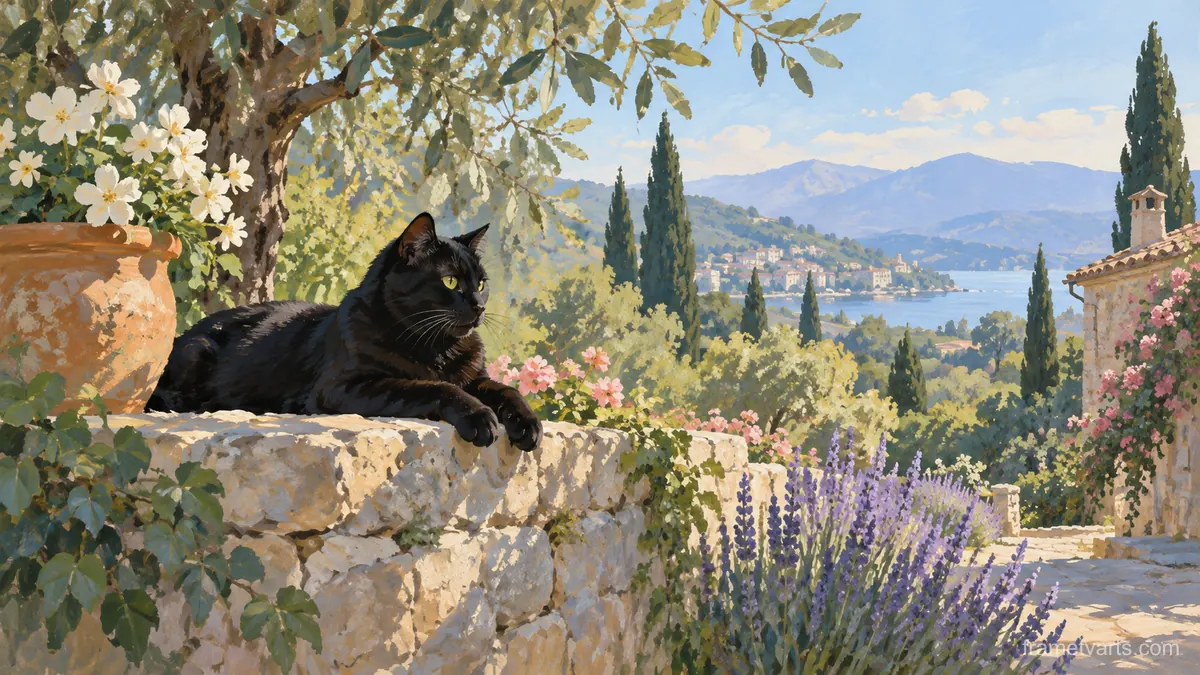 Black cat resting in a sunlit garden – naturalist gouache Samsung Frame TV art, 4K