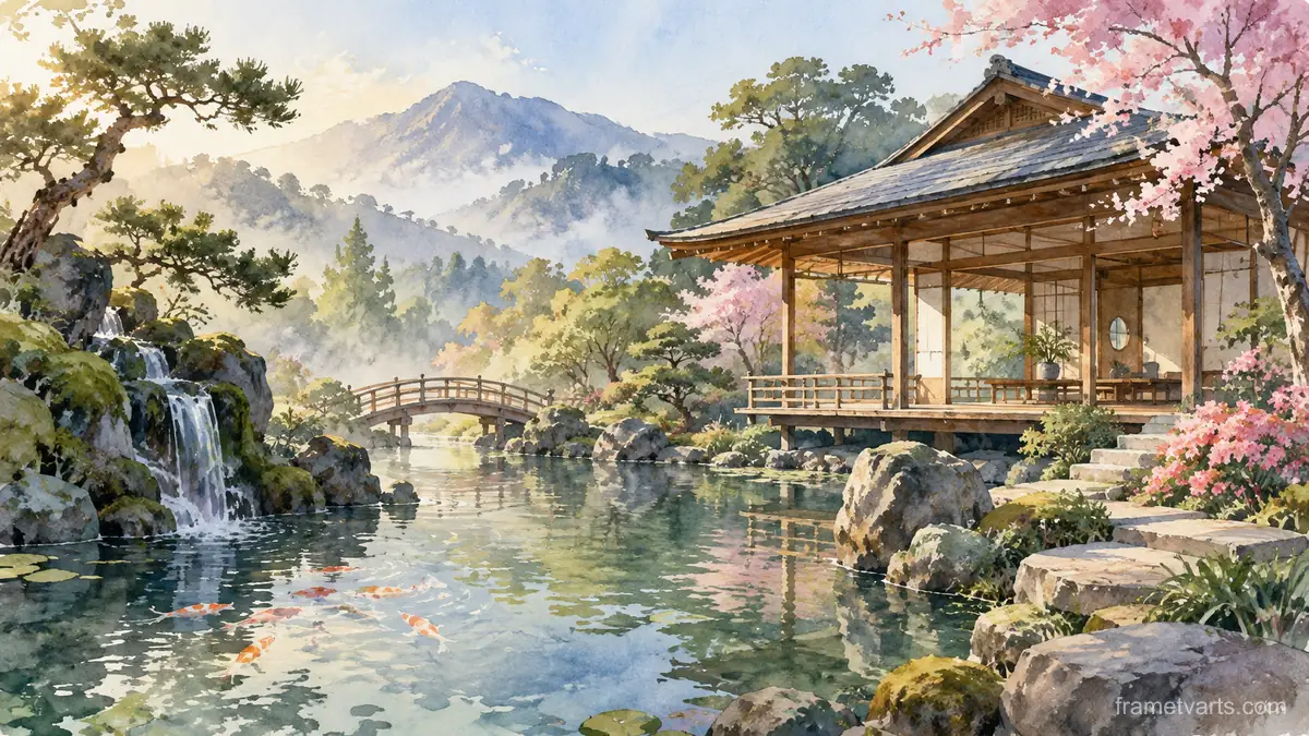 Japanese-inspired wooden garden pavilion – architectural watercolor Samsung Frame TV art, 4K