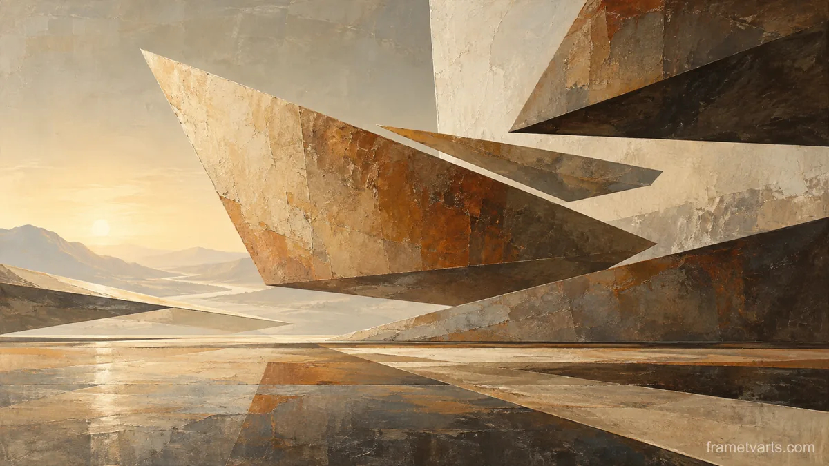 Floating angular planes with spatial tension – earth-tone textured abstraction Samsung Frame TV art, 4K