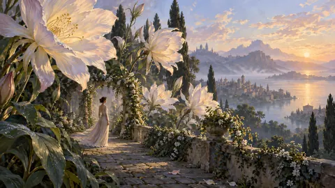 Garden of oversized delicate night flowers – magical realist oil painting Frame TV art