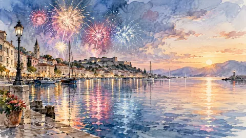 New Year fireworks reflected across a quiet harbor – elegant watercolor Frame TV art