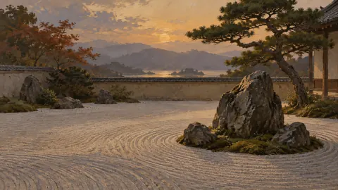 Quiet zen rock garden with carefully raked sand – atmospheric tonal painting Frame TV art