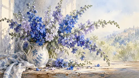 Birth-flower-inspired bouquet of larkspur – delicate watercolor keepsake composition Frame TV art