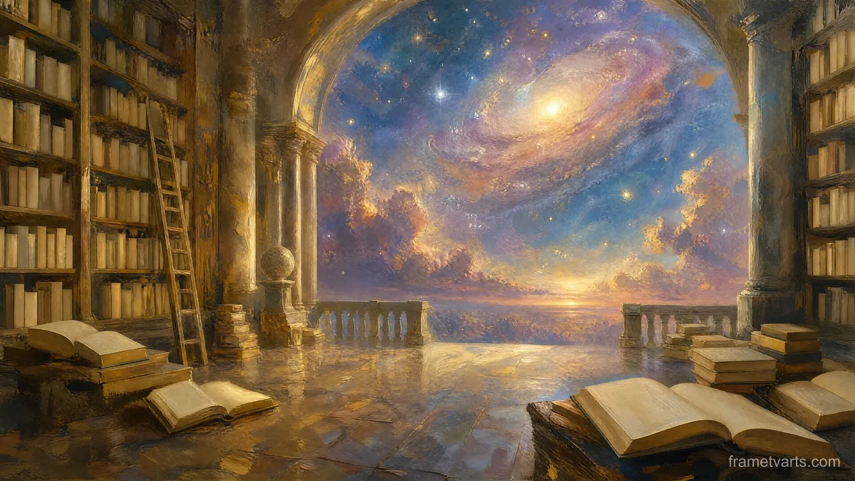 Dreamlike library opening onto a galaxy – magical realist oil painting Samsung Frame TV art, 4K