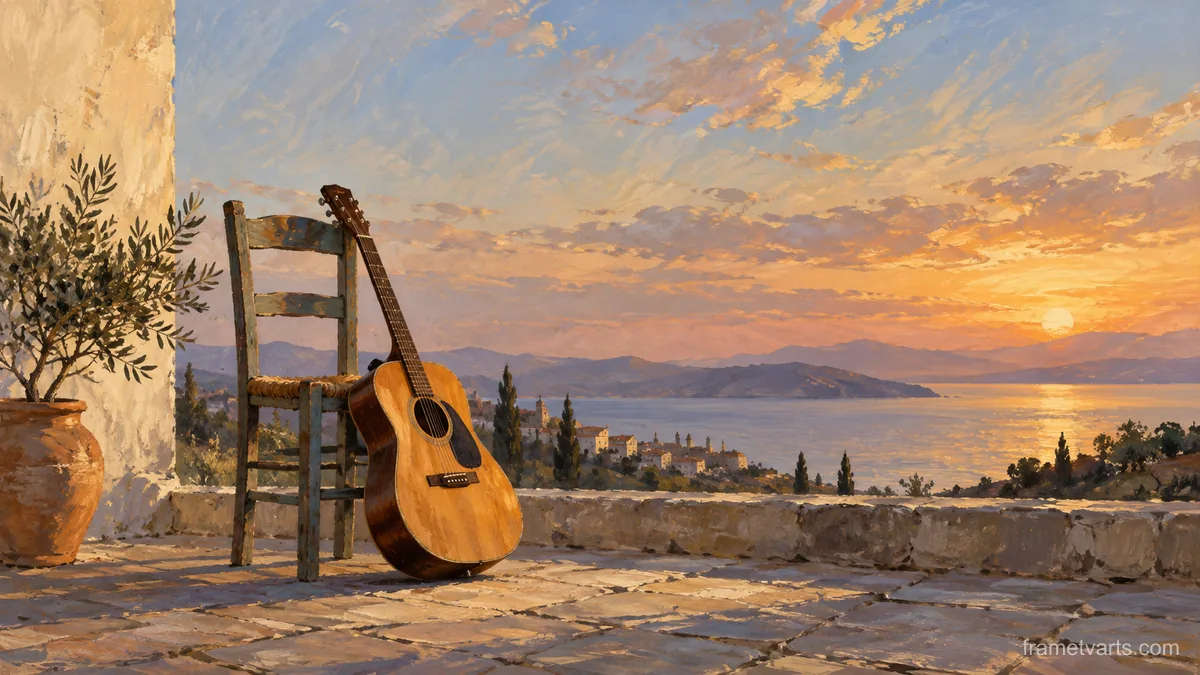 Acoustic guitar leaning against a plain chair – expressive figurative painting Samsung Frame TV art, 4K