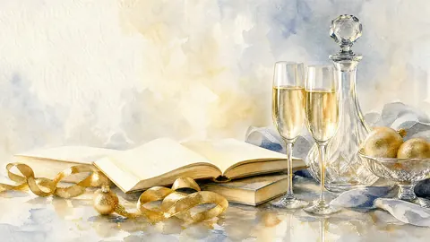New Year still life of sparkling glass and gold ribbons – elegant watercolor Frame TV art