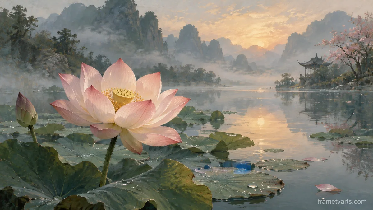 Lotus flower above still water – atmospheric tonal painting Samsung Frame TV art, 4K