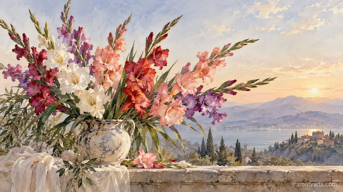 Birth-flower-inspired bouquet of gladiolus – delicate watercolor keepsake composition Samsung Frame TV art, 4K