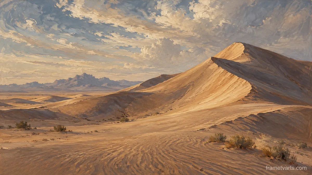 Wind-sculpted sand dunes under high clouds – tonal oil painting Samsung Frame TV art, 4K