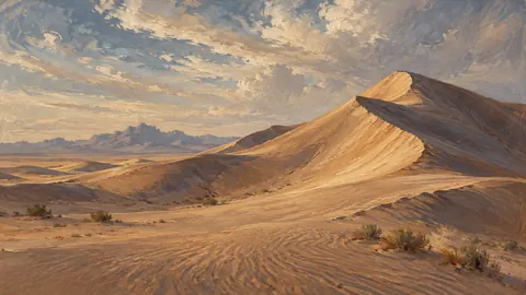 Wind-sculpted sand dunes under high clouds – tonal oil painting Frame TV art