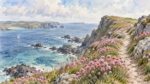 Clifftop path through pink thrift flowers – coastal watercolor Frame TV art