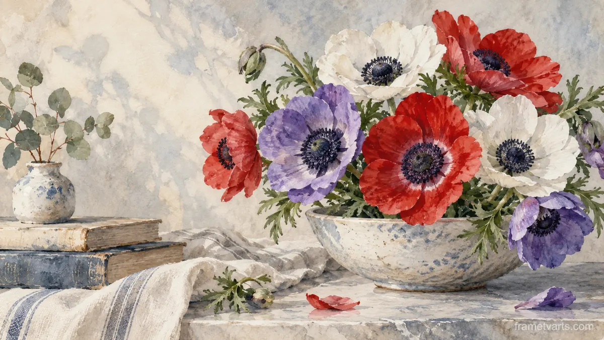 Anemones arranged in a shallow bowl – botanical watercolor Samsung Frame TV art, 4K