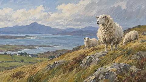Sheep on a windswept hillside – naturalist gouache Frame TV art