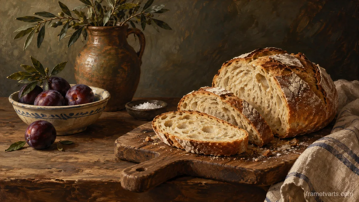 Rustic bread on a wooden cutting board – classical oil still life Samsung Frame TV art, 4K