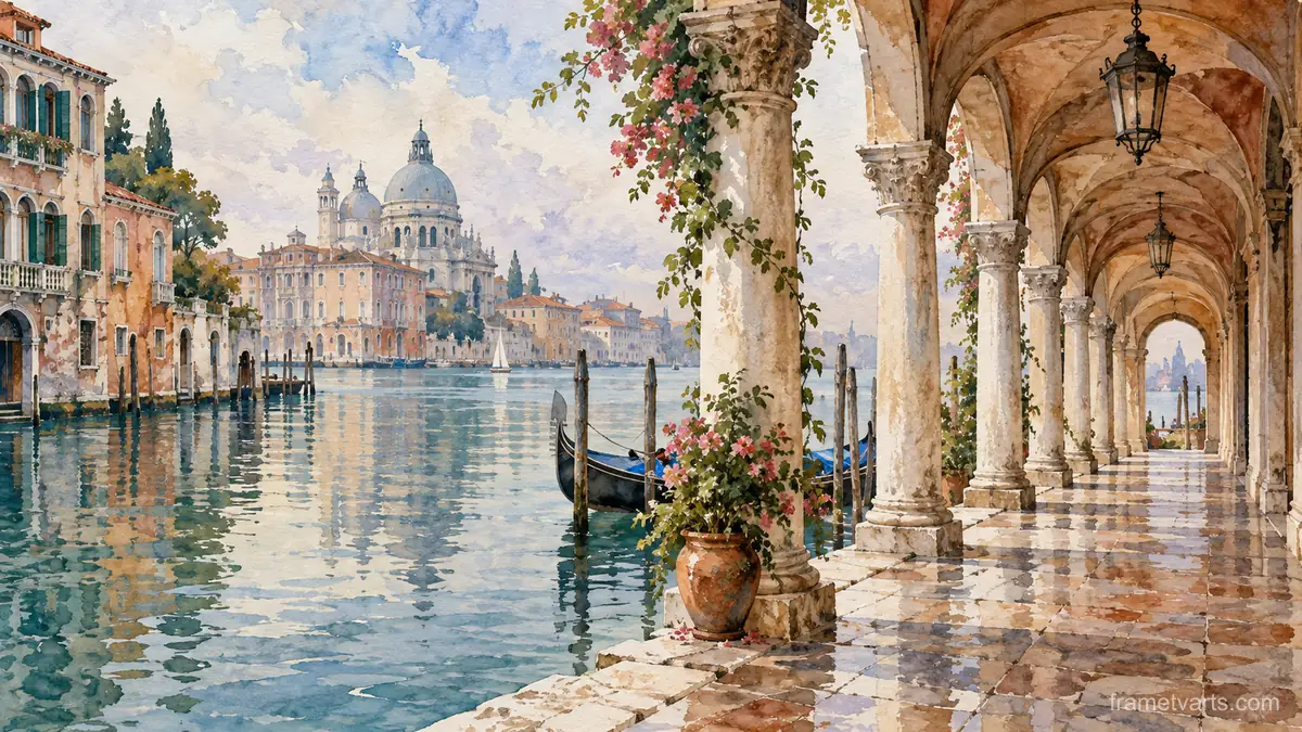 Venetian-inspired arcade beside still water – architectural watercolor Samsung Frame TV art, 4K