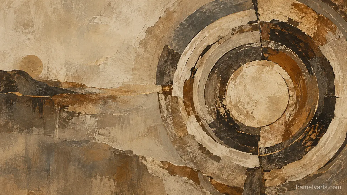 Concentric irregular rings with broken contours – earth-tone textured abstraction Samsung Frame TV art, 4K