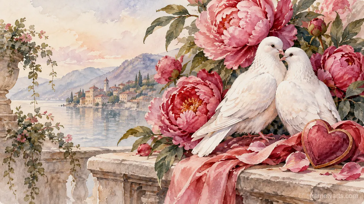Valentine peonies and paired white doves – elegant watercolor Samsung Frame TV art, 4K