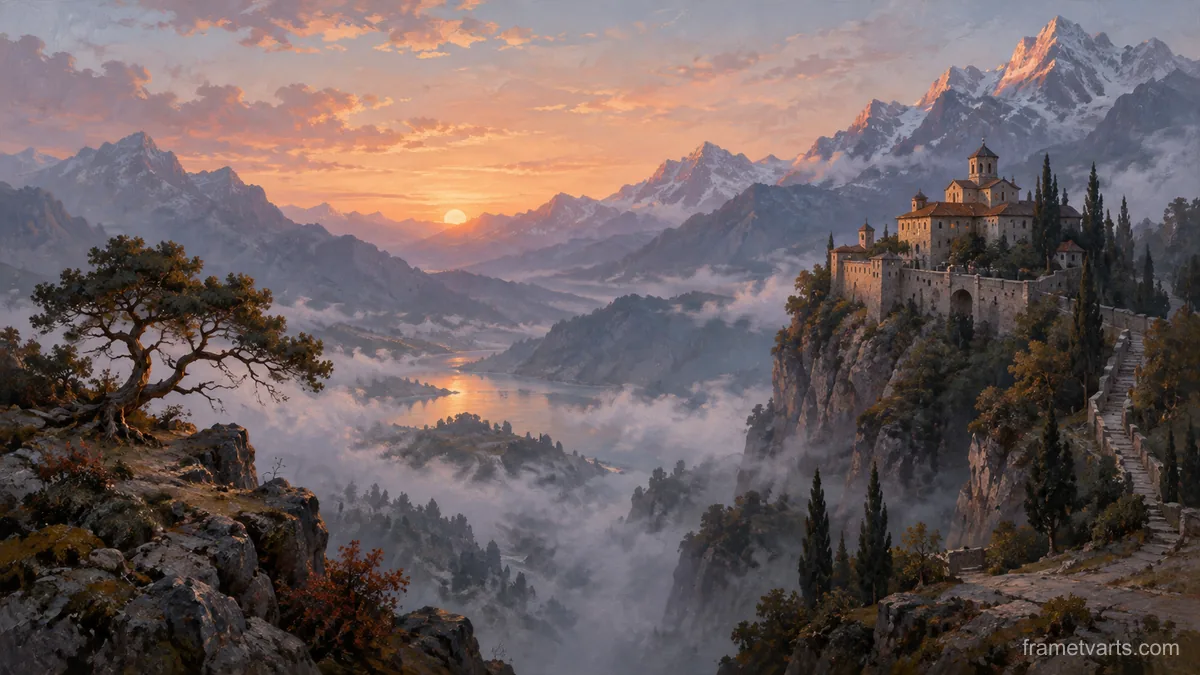 Mountain monastery at dawn – atmospheric tonal painting Samsung Frame TV art, 4K