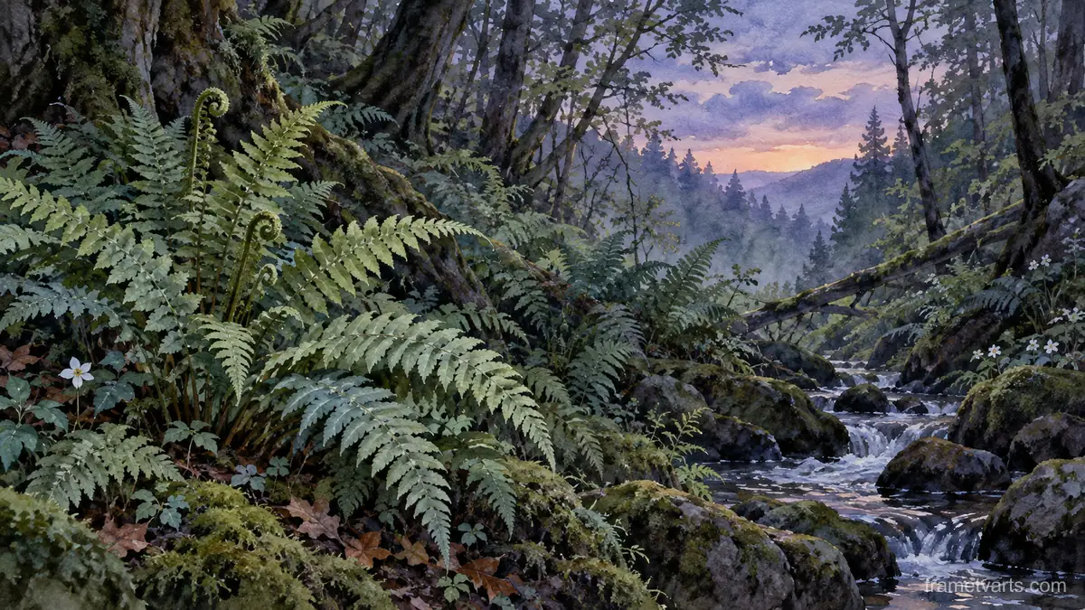 Fern fronds in a shaded woodland hollow – botanical watercolor Samsung Frame TV art, 4K