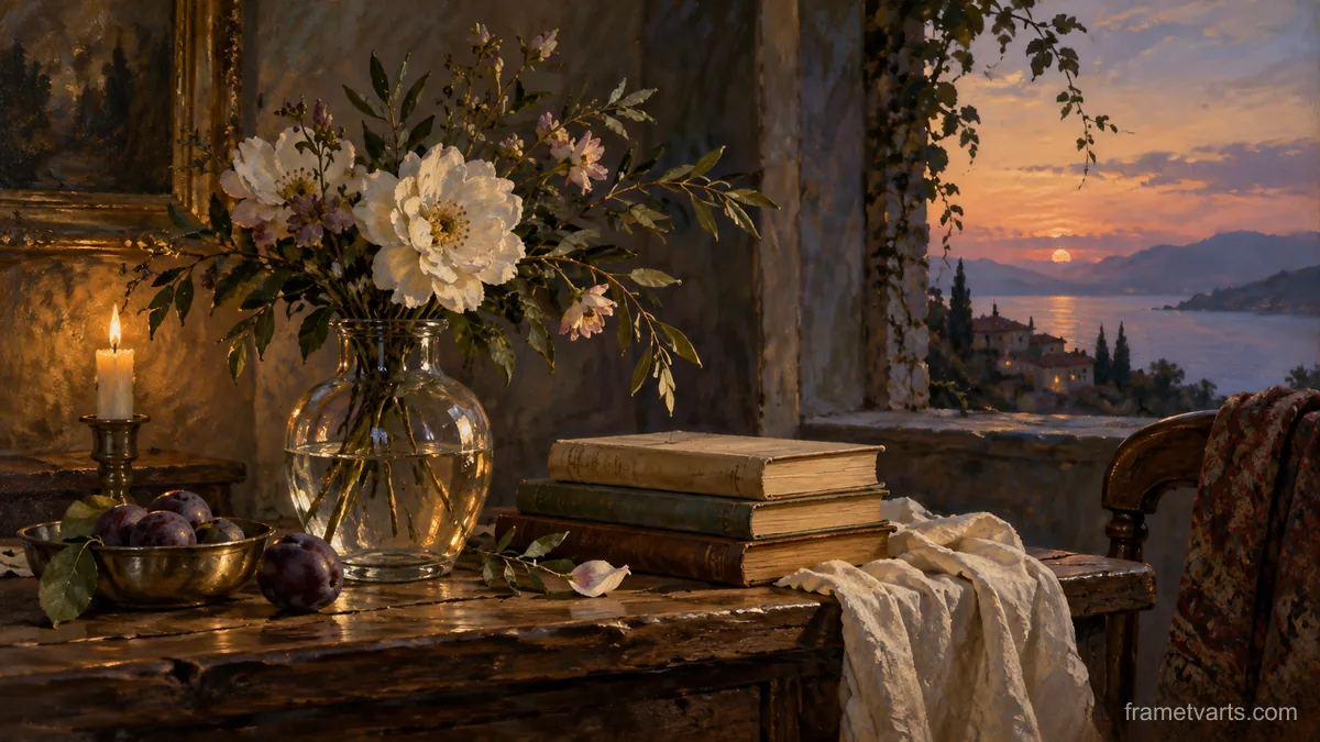 Glass vase beside stacked unmarked books – classical oil still life Samsung Frame TV art, 4K