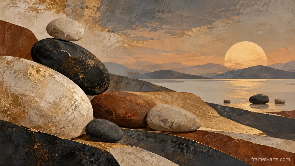 Scattered pebble shapes balanced asymmetrically – earth-tone textured abstraction Samsung Frame TV art, 4K