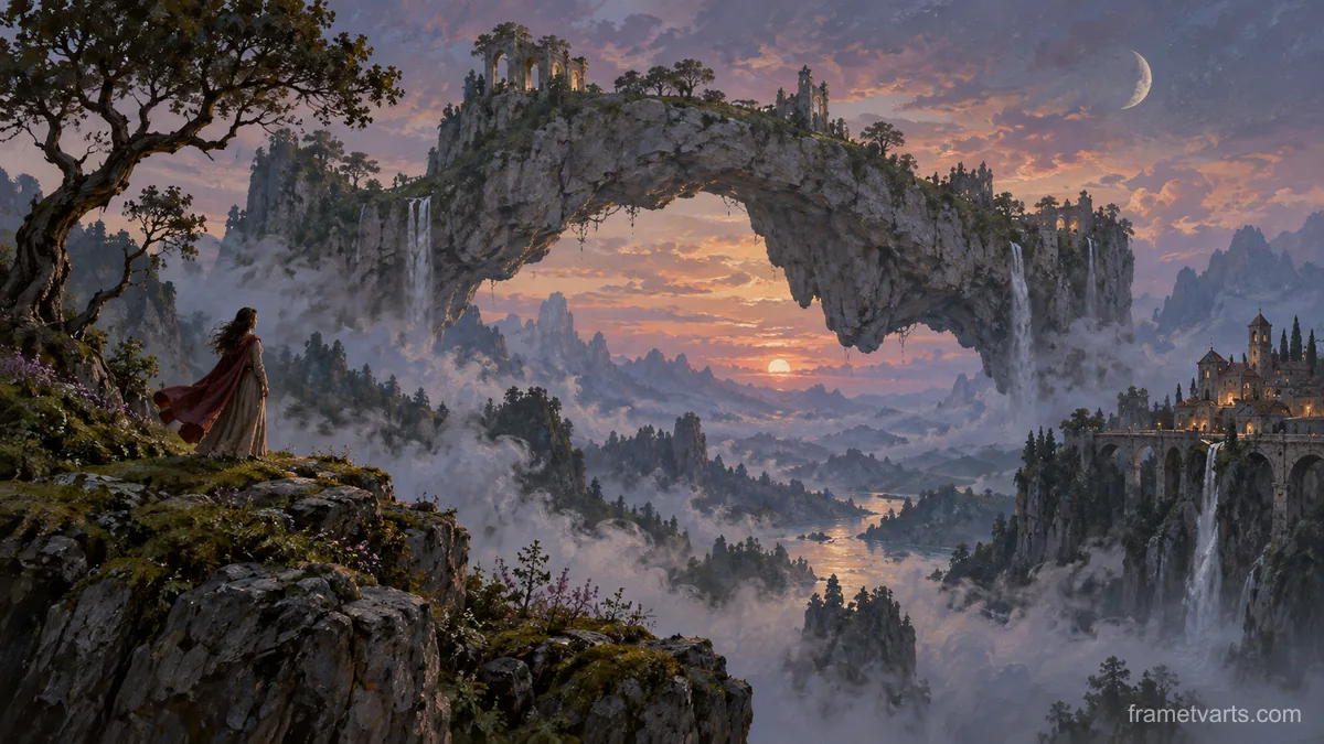 Stone arch suspended over a misty valley – magical realist oil painting Samsung Frame TV art, 4K