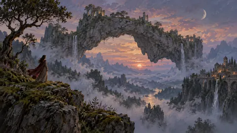 Stone arch suspended over a misty valley – magical realist oil painting Frame TV art
