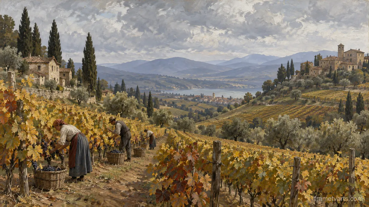 Rolling vineyard hills at harvest – tonal oil painting Samsung Frame TV art, 4K