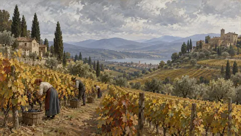 Rolling vineyard hills at harvest – tonal oil painting Frame TV art