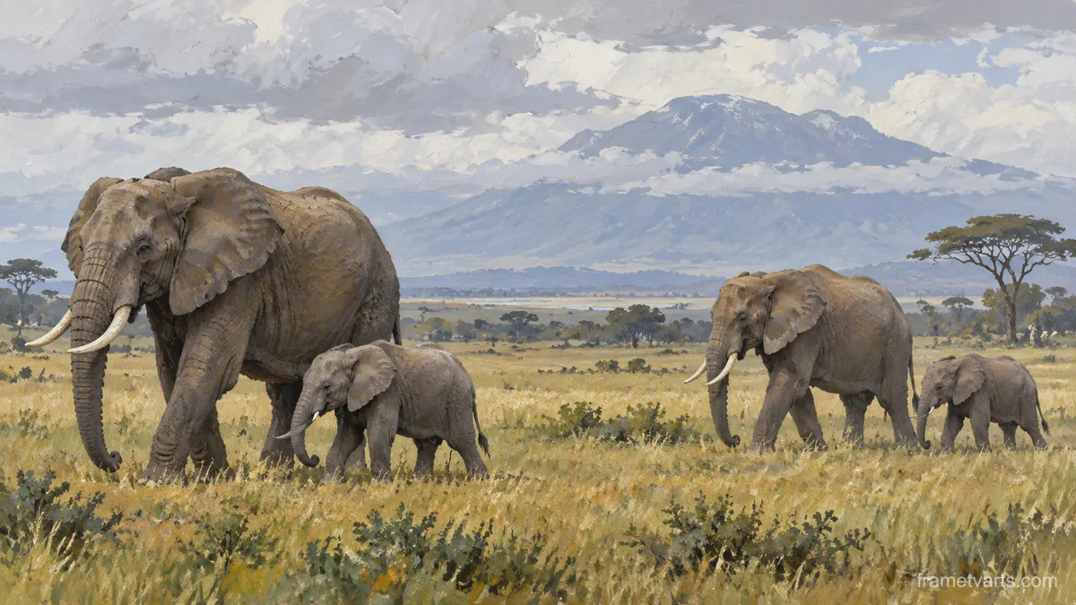 Elephant family crossing open grassland – naturalist gouache Samsung Frame TV art, 4K