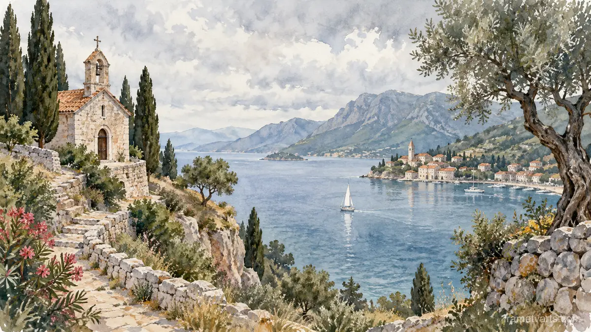 Small coastal chapel above a bay – architectural watercolor Samsung Frame TV art, 4K