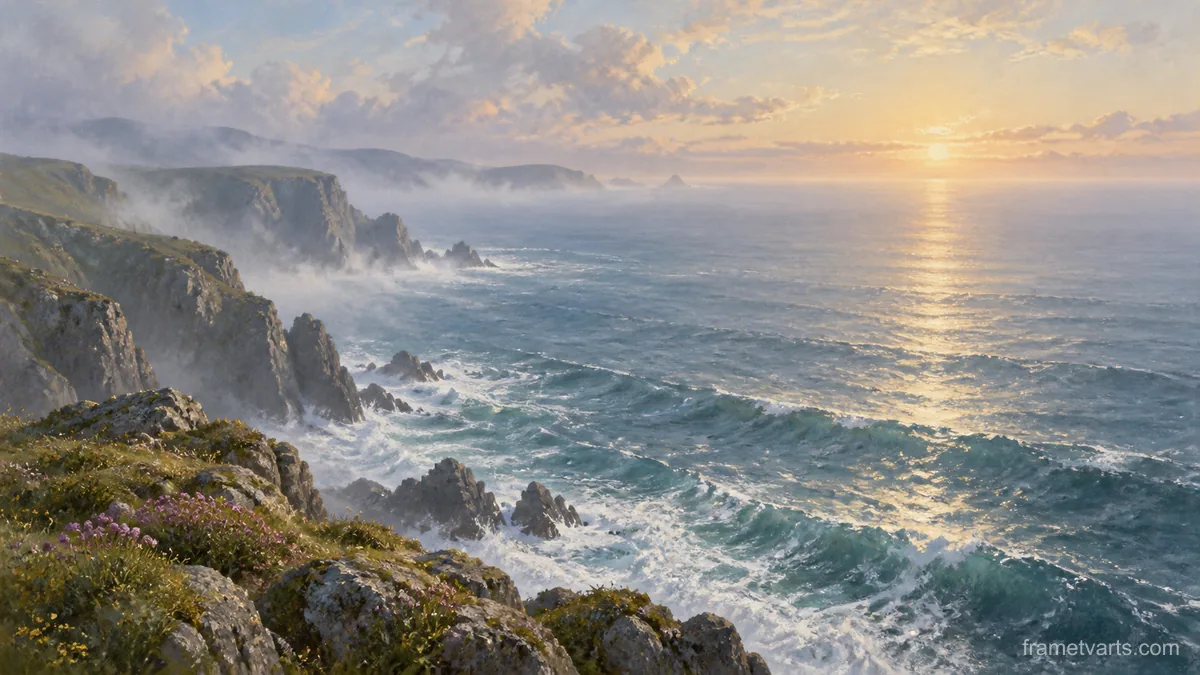 Open sea and distant horizon in soft mist – atmospheric tonal painting Samsung Frame TV art, 4K