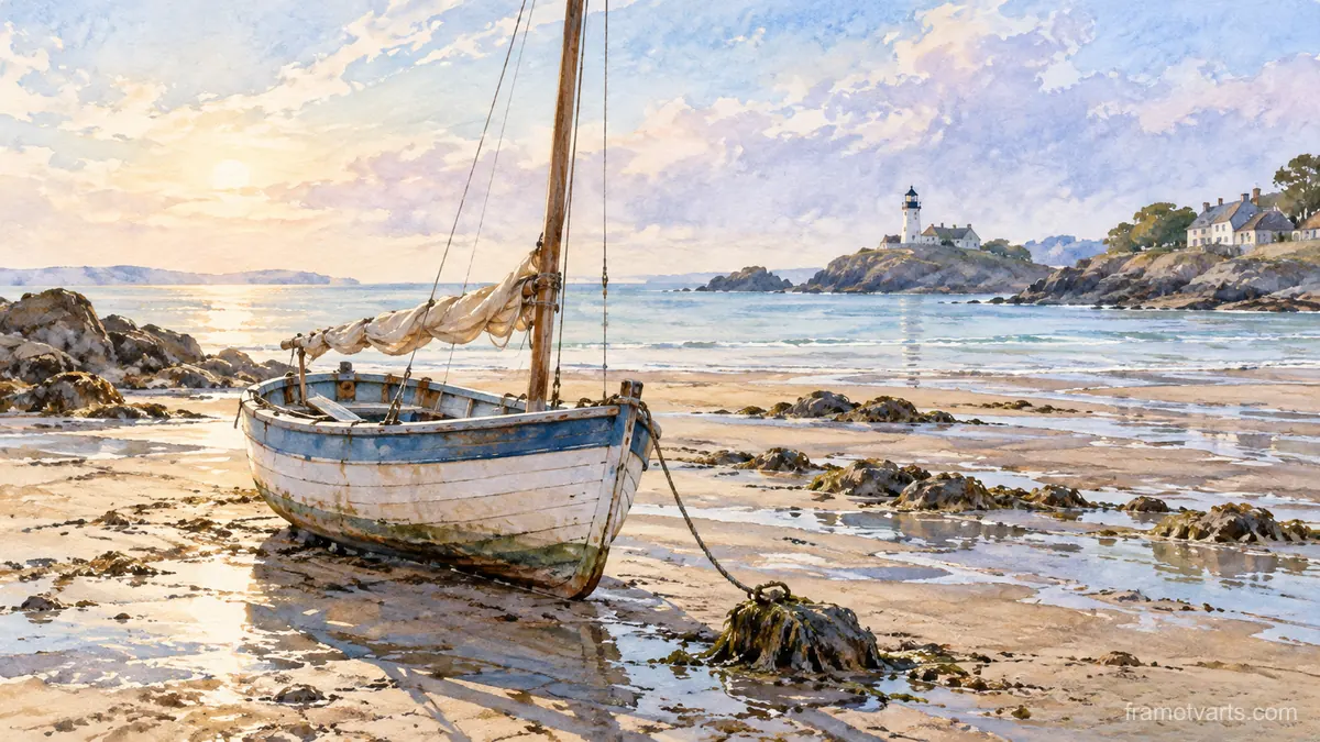 Sailing dinghy resting on tidal sand – coastal watercolor Samsung Frame TV art, 4K