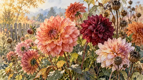 Dahlias and seed heads in autumn garden – botanical watercolor Frame TV art