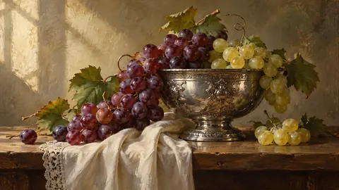 Grapes beside an antique silver bowl – classical oil still life Frame TV art