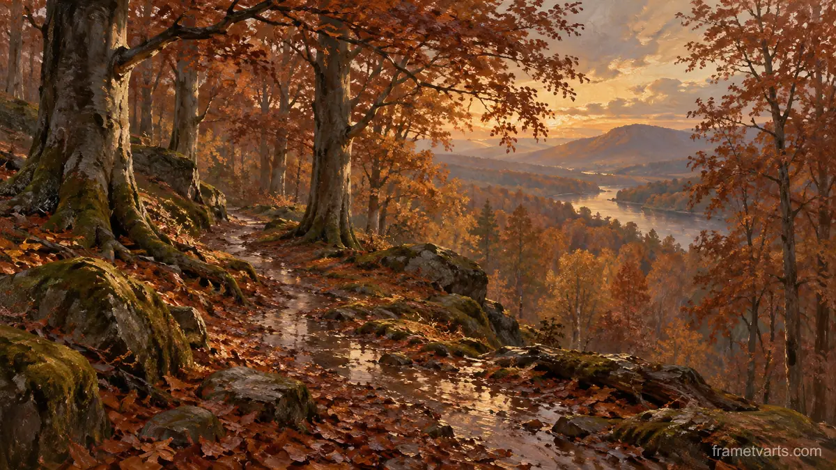 Wet woodland path among copper beeches – tonal oil painting Samsung Frame TV art, 4K