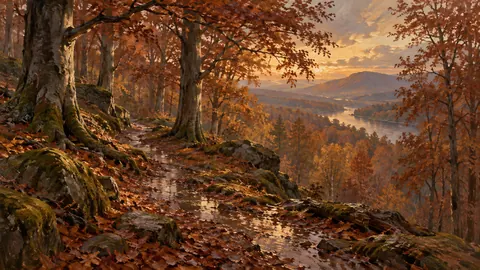 Wet woodland path among copper beeches – tonal oil painting Frame TV art