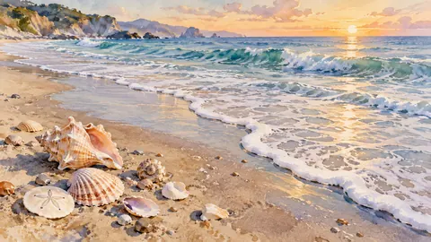 Seashells beside gentle sea foam – coastal watercolor Frame TV art