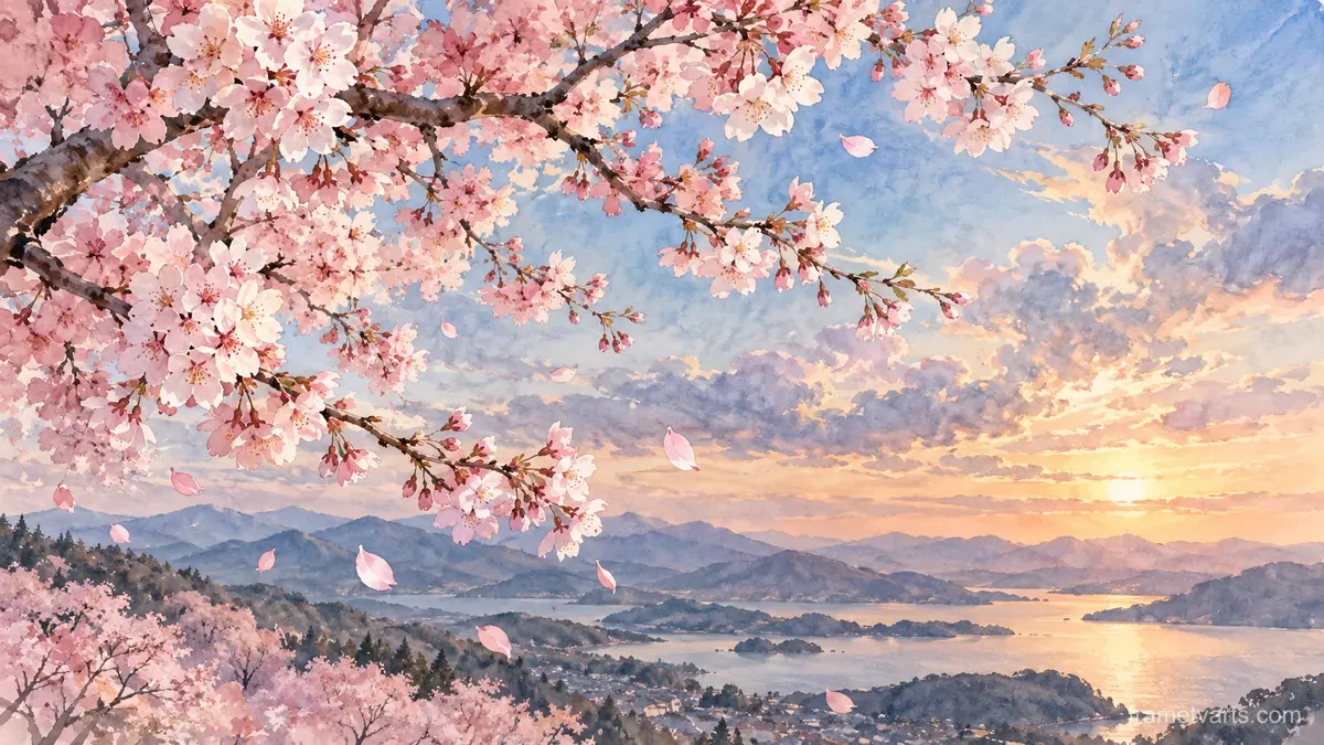 Cherry blossom branches across an open sky – botanical watercolor Samsung Frame TV art, 4K