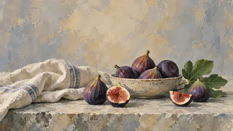 Figs and a linen napkin on a stone table – modern gouache still life Frame TV art
