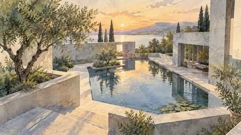 Modern concrete courtyard with reflecting pool – architectural watercolor Frame TV art