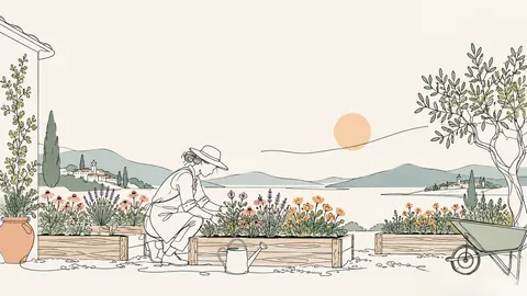 Gardener tending raised flower beds – minimal continuous-line illustration Frame TV art