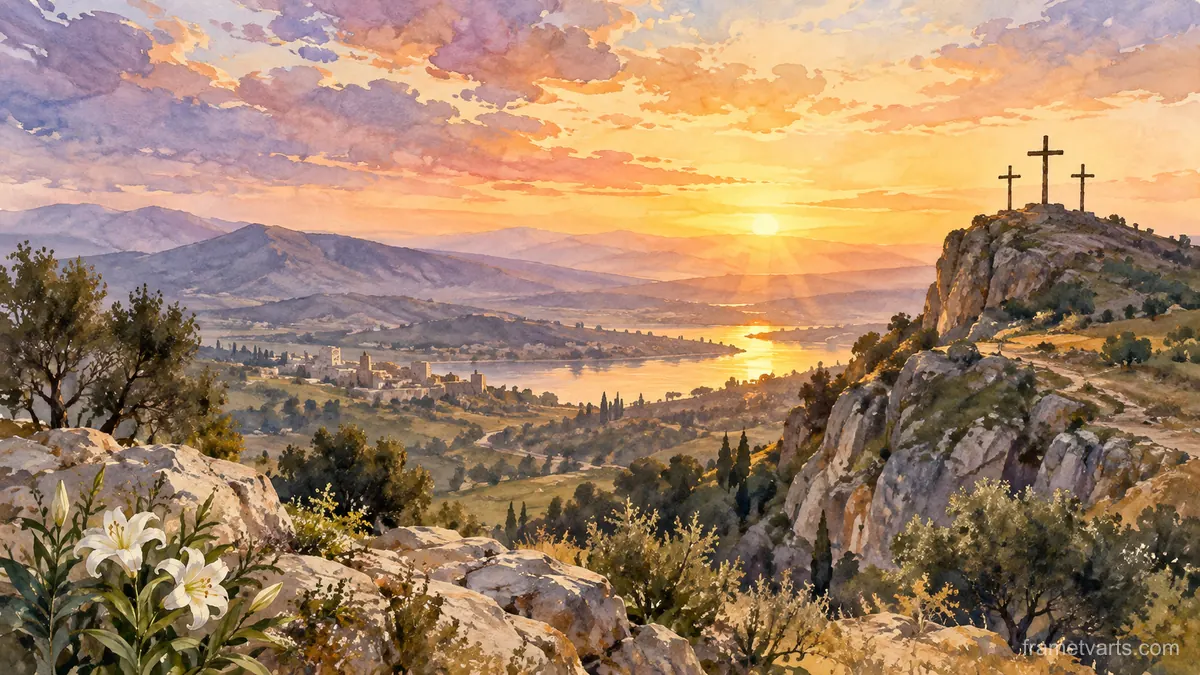 Easter sunrise over three distant simple crosses – elegant watercolor Samsung Frame TV art, 4K
