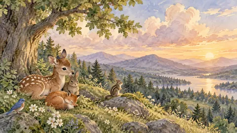 Gentle woodland animals beneath clouds for a nursery – delicate watercolor keepsake composition Frame TV art